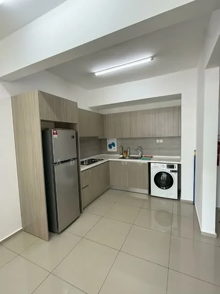 Kitchen features: light wood cabinetry, white countertop, stainless-steel fridge, built-in gas hob, stainless-steel range hood, single-bowl stainless-steel sink, chrome pull-down faucet, white washing machine, grey tiled backsplash, ceramic tile flooring, recessed ceiling lights; style: modern.