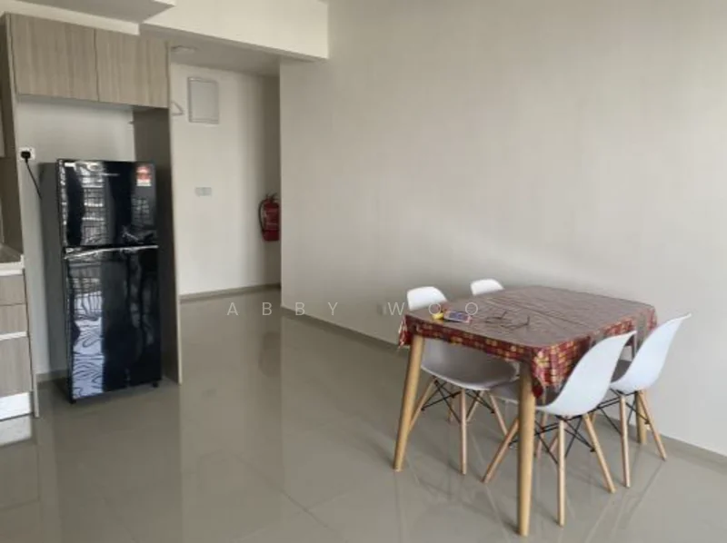 Dining features: dining table with patterned tablecloth, 4 white dining chairs, glossy tile flooring, light grey painted walls, refrigerator in black, kitchen cabinetry in light wood, fire extinguisher on wall; style: modern.