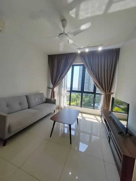 Living features: 3-seater fabric sofa in grey, wood coffee table, TV console, wall-mounted TV, floor-to-ceiling windows, sheer curtains, dark brown wooden flooring, ceiling fan with light, recessed downlights, decorative wall, greenery view; style: modern; view: garden.