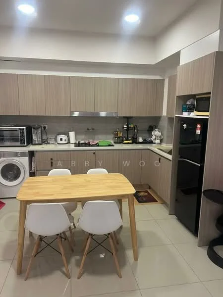 Kitchen features: light wood cabinetry, white countertops, stainless-steel sink, chrome pull-down faucet, built-in microwave, freestanding range oven, stainless-steel fridge, washing machine, 4-seater dining table, white dining chairs, tile flooring, recessed downlights; style: modern.
