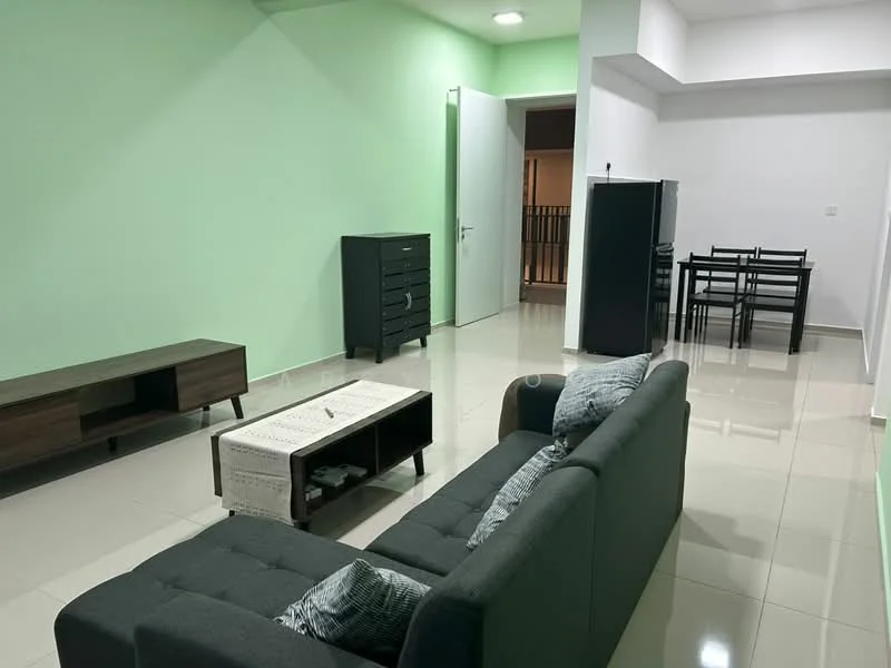 Living features: light green painted walls, glossy tile flooring, 3-seater fabric sofa in dark grey, coffee table with storage, TV console, freestanding black cabinet, dining table with 4 chairs, refrigerator, ceiling light, open layout, window with natural light; style: modern.