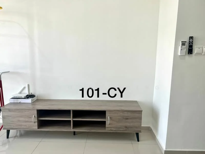 Living features: light grey painted walls, glossy beige floor tiles, wooden TV console with open shelving, remote control panel on wall, white ceiling, floor-to-ceiling windows, minimalist decor; style: modern.