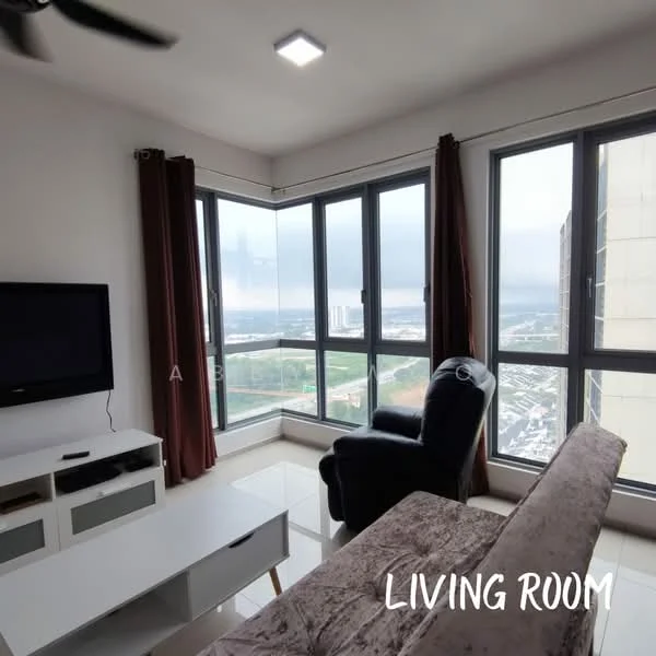 Living features: floor-to-ceiling windows, grey fabric sofa, black armchair, white TV console, wall-mounted TV, light-colored coffee table, brown curtains, white ceiling with recessed lighting, polished tile flooring; style: modern; view: city.