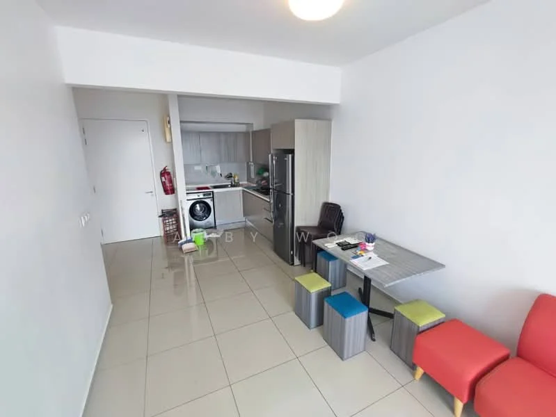 Living features: white painted walls, glossy tile flooring, recessed ceiling lights, sofa in red, dining table with grey surface, 4 chairs with colorful seats, kitchen area with cabinets, stainless-steel fridge, front-load washing machine, kitchen countertop, kitchen cabinets, open layout; style: modern.