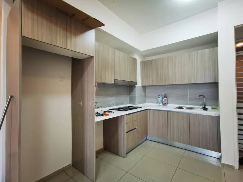 Kitchen features: laminate cabinetry in light wood finish, white countertop, single-bowl stainless-steel sink, chrome pull-down faucet, built-in stove, wall-mounted kitchen hood, grey tiled backsplash, ceramic tile flooring, under-cabinet lighting, open shelving, corner cabinet, kitchen appliances visible on countertop; style: modern.