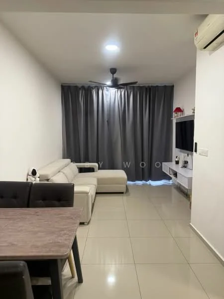 Living features: 3-seater fabric sofa in white, 2-seater fabric sofa in beige, coffee table, wall-mounted TV, TV console, floor-to-ceiling curtains in grey, recessed ceiling lights, 1 wall-mounted split AC, glossy tile flooring, decorative items on TV console; style: modern.
