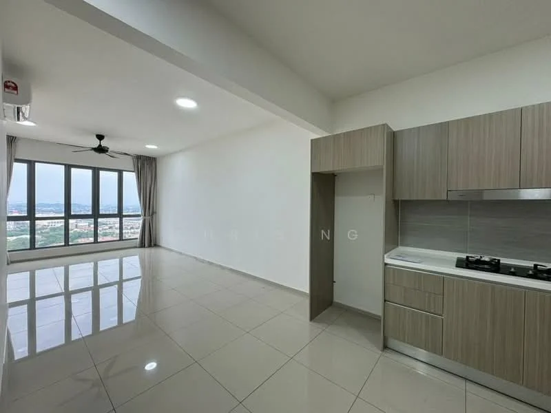 Living features: large floor-to-ceiling windows, grey tiled flooring, white painted walls, 5-blade ceiling fan, recessed LED downlights, air conditioning unit, open layout, neutral color scheme; style: modern; view: city. Kitchen features: built-in cabinetry in light wood, stainless-steel gas hob, white countertop, grey tile backsplash, sink, open shelving; style: modern.