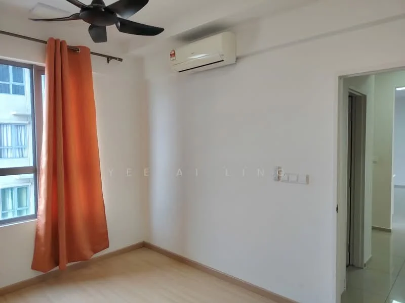 Room features: light wood flooring, white painted walls, 1 wall-mounted split AC, 5-blade ceiling fan, orange curtain, window with view, light switch panel, doorway leading to another room; style: modern.