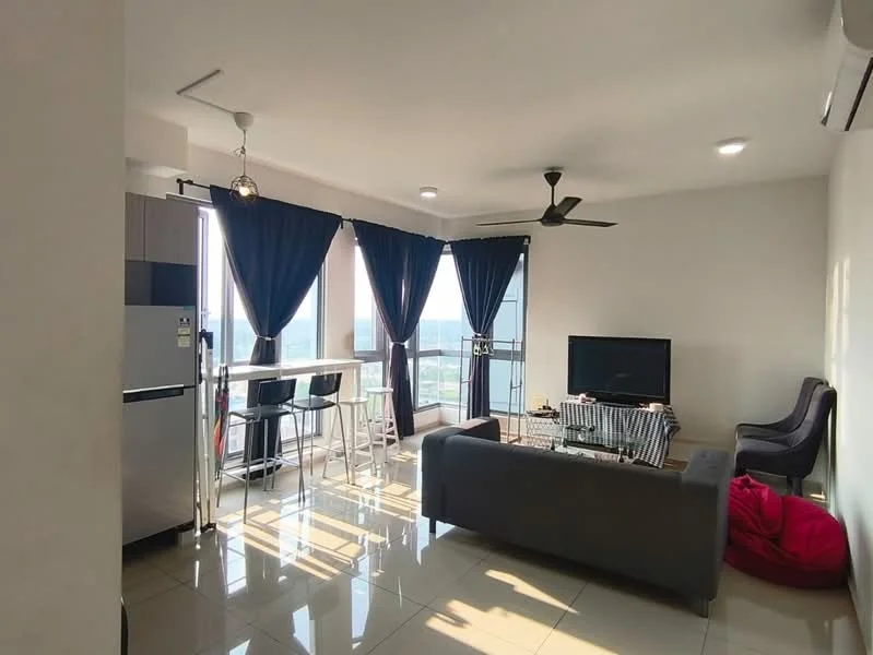 Living features: grey fabric sofa, black armchair, coffee table, wall-mounted TV, TV console, 5-blade ceiling fan, recessed downlights, floor-to-ceiling windows, sheer curtains, tile flooring, decorative throw pillows, bean bag, bar table with high stools; style: modern; view: city. Kitchen features: stainless-steel fridge, grey cabinetry, countertop, open shelving; style: modern.