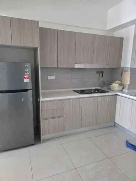 Kitchen features: light wood cabinetry, white countertop, built-in stove, stainless-steel range hood, stainless-steel fridge, grey backsplash, single-bowl stainless-steel sink, wall-mounted cabinets, ceramic tile flooring, recessed downlights; style: modern.