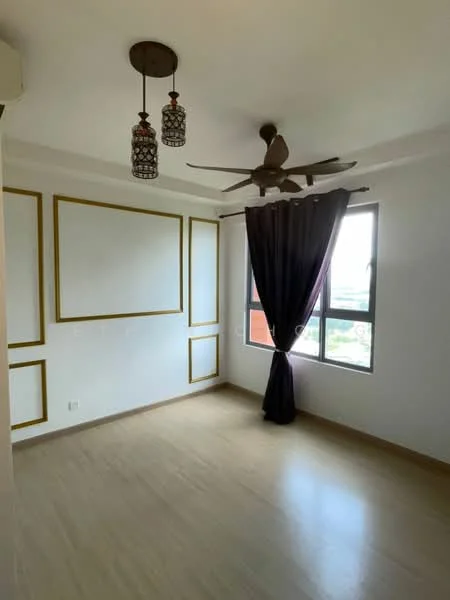 Room features: wooden flooring, white painted walls, decorative wall paneling, 2 pendant lights, 5-blade ceiling fan, floor-to-ceiling windows, blackout curtains, city view; style: modern; view: city.