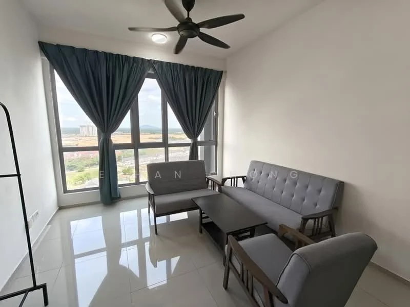 Living features: 3-seater fabric sofa in grey, 2-seater fabric sofa in grey, coffee table, floor-to-ceiling windows, curtains in teal, ceiling fan with light, white painted walls, glossy tile flooring; style: modern; view: city.