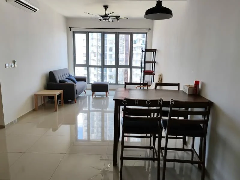 Living features: 3-seater fabric sofa in grey, dining table with 4 chairs, floor-to-ceiling windows, white painted walls, glossy tile flooring, ceiling fan, wall-mounted air conditioning unit, open shelving unit, decorative items on shelves; style: modern; view: city.