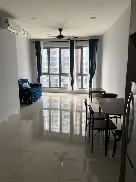 Living features: floor-to-ceiling windows, grey painted walls, polished ceramic tile flooring, 5-blade ceiling fan, wall-mounted split AC, blue fabric sofa, dining table with 4 chairs, curtains, decorative wall art; style: modern; view: city.