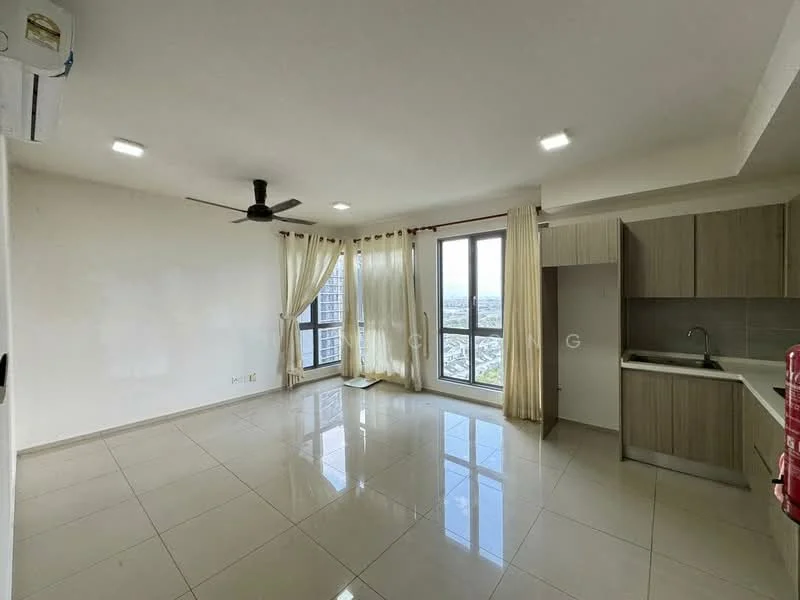 Living features: white painted walls, glossy ceramic tile flooring, 5-blade ceiling fan with light, floor-to-ceiling windows, sheer curtains, kitchenette with wood cabinetry, stainless-steel sink, grey tile backsplash, recessed LED downlights; style: modern; view: city.
