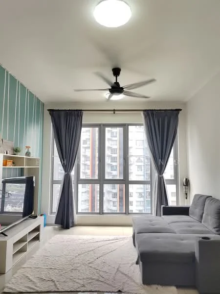 Living features: 3-seater fabric sofa in grey, coffee table, TV console, wall-mounted TV, area rug, 5-blade ceiling fan, floor-to-ceiling windows, grey curtains, green accent wall with vertical stripes, light fixture on ceiling; style: modern; view: city.