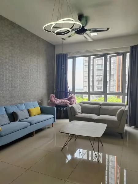 Living features: 3-seater fabric sofa in light blue, 2-seater fabric sofa in light grey, round coffee table with metal legs, ceiling fan with 5 blades, chandelier with circular design, floor-to-ceiling windows, grey wallpaper with geometric pattern, curtains in dark grey, hanging chair with cushion, tile flooring in cream, decorative cushions in yellow and grey; style: modern; view: city.