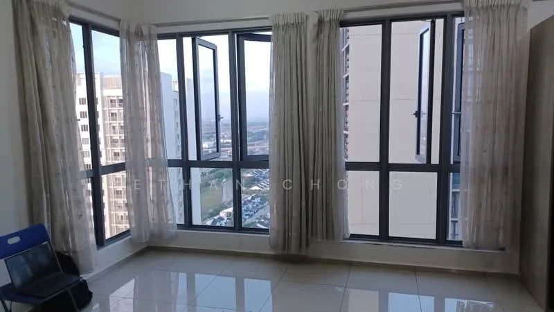 Room features: floor-to-ceiling windows, white walls, cream curtains, glossy tile flooring, city view, corner room, natural light, minimalist decor; style: modern; view: city.