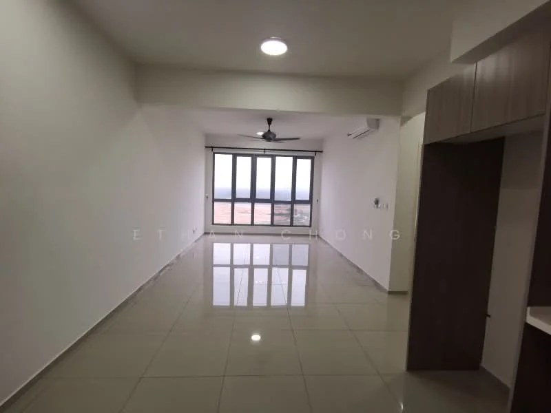Living features: white painted walls, glossy ceramic tile flooring, 5-blade ceiling fan with light, floor-to-ceiling windows, sliding glass door, natural light from large window, air conditioning unit, neutral color scheme; style: modern; view: city.