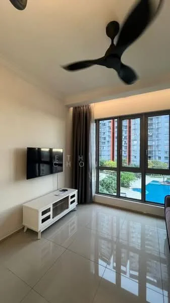 Living features: floor-to-ceiling windows, grey curtains, white TV console, wall-mounted TV, 5-blade ceiling fan, polished tile flooring, neutral painted walls, view of swimming pool; style: modern; view: pool.