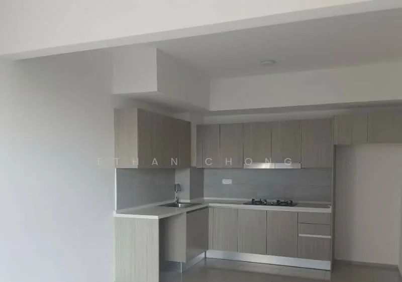 Kitchen features: light wood cabinetry, white countertop, stainless-steel sink, chrome pull-down faucet, built-in gas hob, wall-mounted range hood, grey tile backsplash, ceramic tile flooring, recessed downlights; style: modern.
