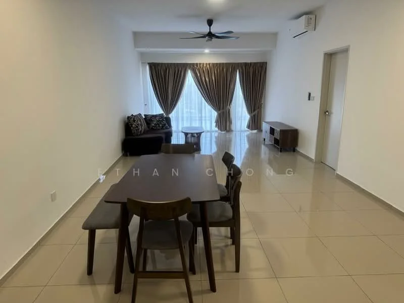 Living features: cream painted walls, glossy tile flooring, 5-blade ceiling fan with light, floor-to-ceiling windows, sheer curtains, sofa in dark fabric, wooden dining table, 4 wooden dining chairs, wooden sideboard, decorative coffee table; style: modern.