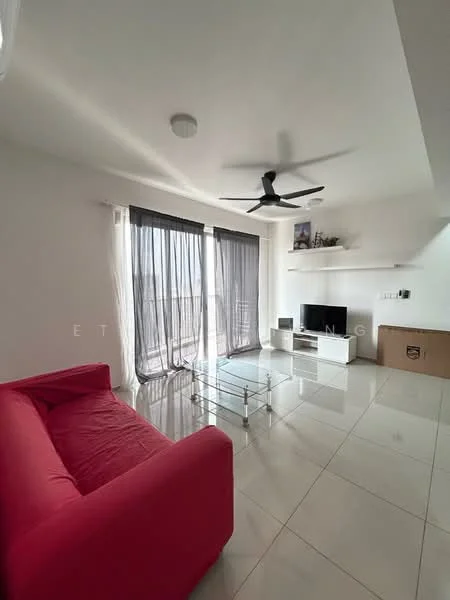 Living features: red fabric sofa, glass coffee table, floor-to-ceiling windows, sheer curtains, blackout curtains, white walls, recessed downlights, ceiling fan, TV console, wall-mounted TV, polished tile flooring; style: modern.