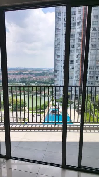 Room features: sliding glass door, floor-to-ceiling windows, balcony with railing, view of swimming pool, view of city skyline, tile flooring, outdoor space, access to outdoor area; style: modern; view: pool.