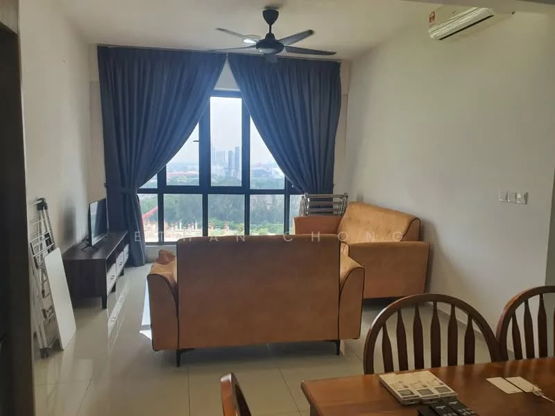 Living features: 2-seater fabric sofa in brown, 3-seater fabric sofa in brown, wooden coffee table, TV console, wall-mounted TV, floor-to-ceiling windows, grey curtains, ceiling fan, wall-mounted air conditioning unit, tile flooring, decorative wall art; style: modern; view: city.