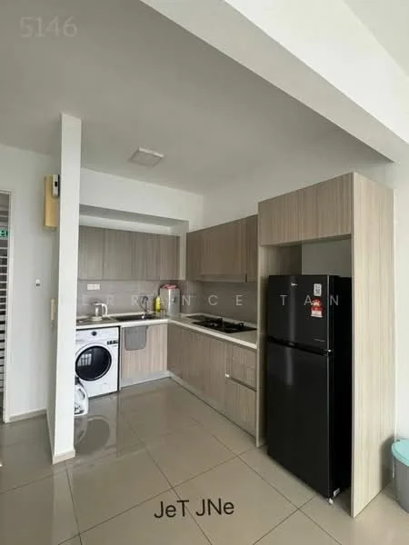 Kitchen features: light wood cabinetry, black countertop, stainless-steel sink, chrome pull-down faucet, built-in oven, 4-burner gas hob, stainless-steel range hood, fridge, front-load washing machine, ceramic tile flooring, white walls, recessed downlights; style: modern.