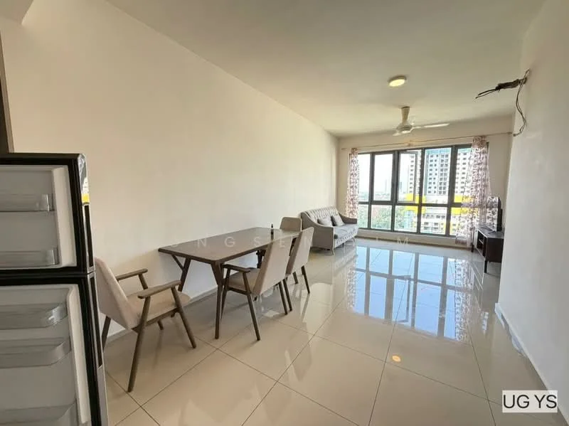 Living features: large floor-to-ceiling windows, grey fabric sofa, 4-seater dining table, 4 dining chairs, white painted walls, polished ceramic tile flooring, ceiling fan, curtains, view of city skyline, TV console, decorative wall, natural light; style: modern; view: city.