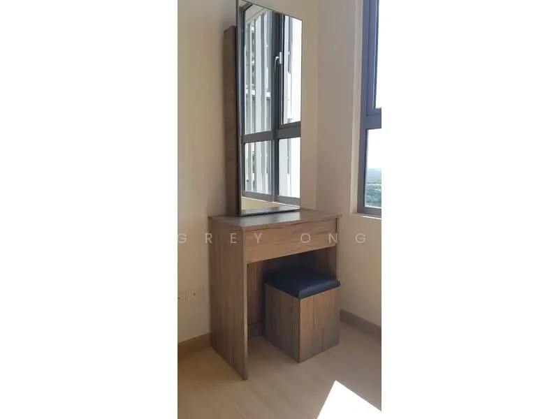 Room features: wooden vanity table, mirror, black upholstered stool, large window with city view, light-colored wall, laminate flooring, natural light; style: modern; view: city.