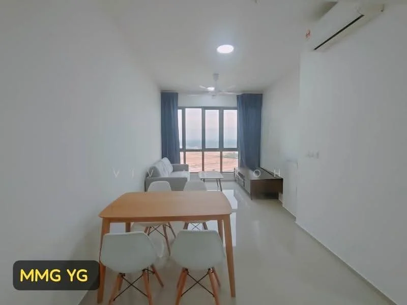 Living features: light grey walls, white ceiling, large floor-to-ceiling windows, grey curtains, 3-seater fabric sofa in light grey, wooden dining table with 4 white chairs, air conditioning unit, light-colored flooring, TV console, decorative wall art; style: modern; view: city.