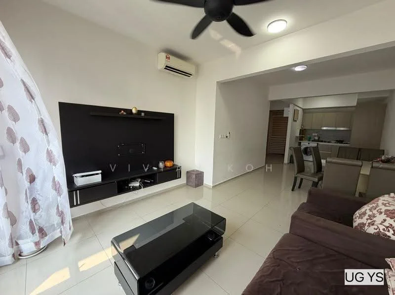 Living features: cream painted walls, white ceiling, recessed downlights, 5-blade ceiling fan, floor-to-ceiling windows with sheer curtains, black TV console, black coffee table, brown fabric sofa, decorative wall with TV, tile flooring; style: modern. Room features: open layout to kitchen and dining area.
