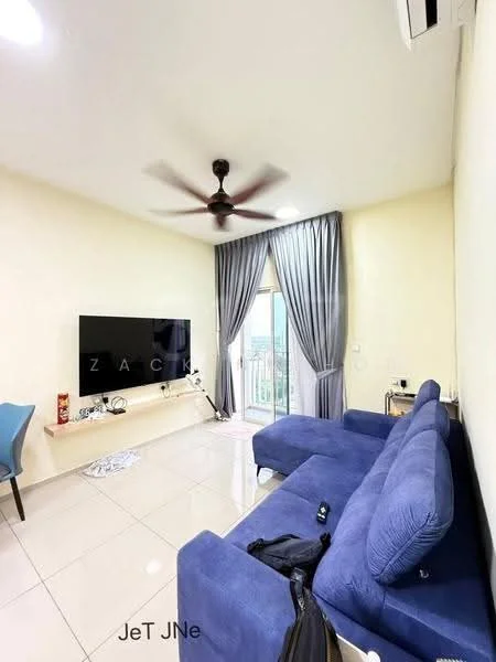 Living features: blue fabric sectional sofa, wall-mounted TV, light-colored wall, cream tiled flooring, ceiling fan, curtains in grey, glass sliding door, decorative wall shelf, area rug, decorative items on shelf; style: modern; view: city.