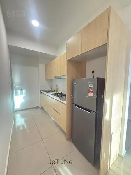 Kitchen features: light wood cabinetry, white countertop, stainless-steel fridge, built-in gas stove, oven, single-bowl stainless-steel sink, chrome pull-down faucet, ceramic tile flooring, recessed downlights, white painted walls; style: modern.