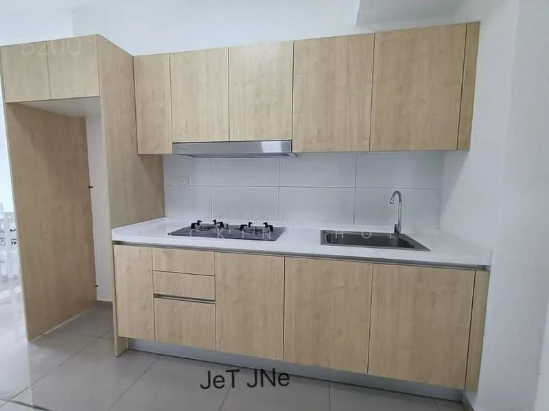 Kitchen features: light wood cabinetry, white countertop, stainless-steel sink, chrome faucet, 4-burner gas hob, built-in range hood, white tiled backsplash, grey tile flooring; style: modern.