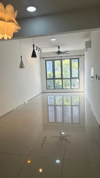 Living features: white painted walls, polished ceramic tile flooring, 5-blade ceiling fan with light, track lighting, floor-to-ceiling windows, sliding glass door, natural light, reflected light on floor; style: modern; view: garden.