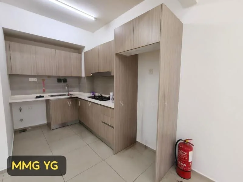 Kitchen features: light wood cabinetry, laminate cabinet doors, grey tiled backsplash, single-bowl stainless-steel sink, chrome pull-down faucet, built-in stove, countertop space, fire extinguisher, ceramic tile flooring, wall-mounted electrical outlets; style: modern.