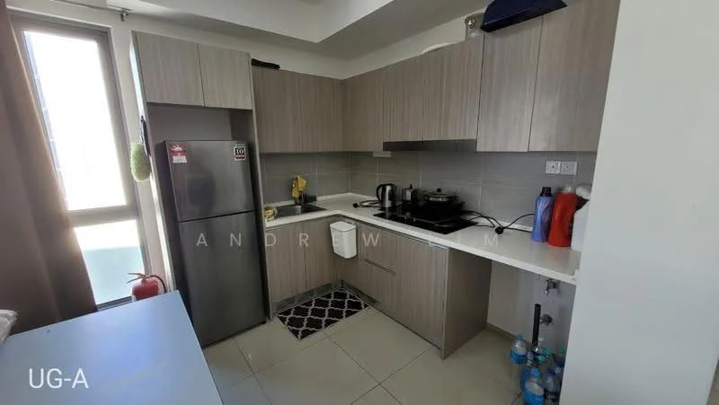 Kitchen features: stainless-steel fridge, grey wood cabinetry, white countertop, black and white patterned floor tiles, built-in stove, sink, kettle, microwave, dish soap dispenser, fire extinguisher, bottled water, window with natural light; style: modern.