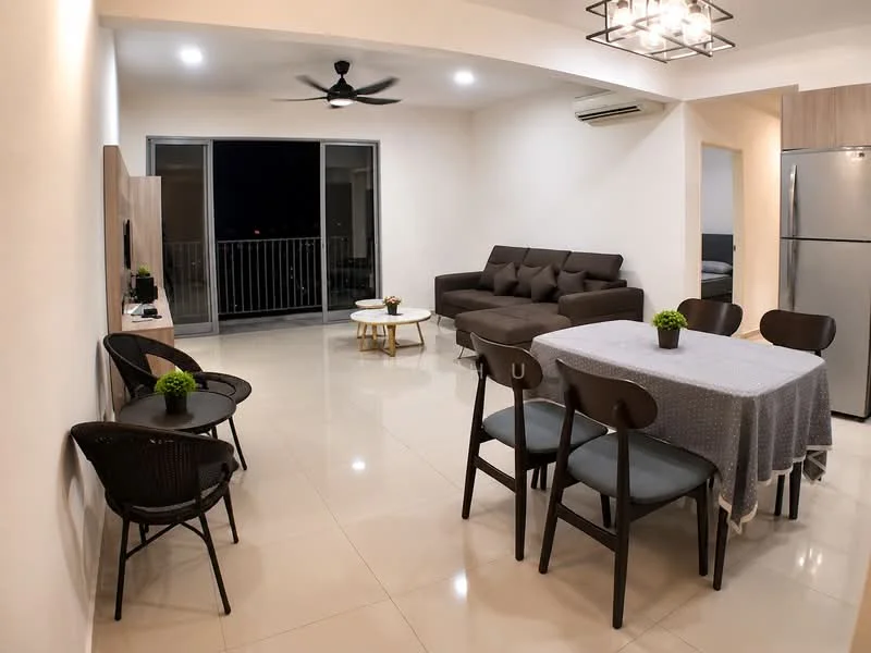 Living features: 3-seater fabric sofa in brown, coffee table with wooden legs, 2 black rattan chairs, wall-mounted TV, ceiling fan with light, recessed LED downlights, sliding glass door, floor-to-ceiling windows, white painted walls, glossy tile flooring, air conditioning unit; style: modern; view: city. Dining features: 6-seater dining table with grey tablecloth, wooden dining chairs, decorative plant on table; style: modern.