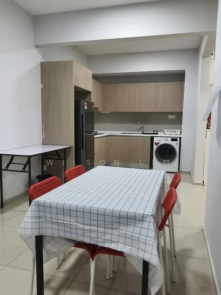 Kitchen features: light wood cabinetry, white countertop, stainless-steel fridge, built-in oven, freestanding washing machine, ceramic tile flooring, grey backsplash, single-bowl stainless-steel sink, chrome pull-down faucet, dining table with checkered tablecloth, red plastic dining chairs; style: modern.