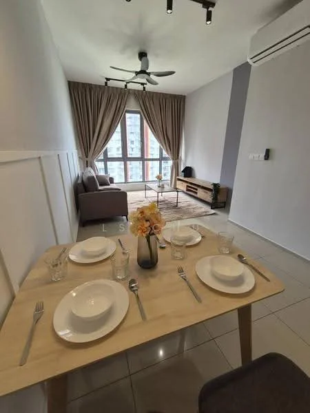 Dining features: wooden dining table, 4 dining plates, cutlery set, glass vase with flowers, tile flooring, recessed downlights, wall-mounted air conditioning unit; style: modern; view: city. Living features: 3-seater fabric sofa in grey, coffee table, TV console, area rug, floor-to-ceiling windows with curtains, ceiling fan; style: modern; view: city.