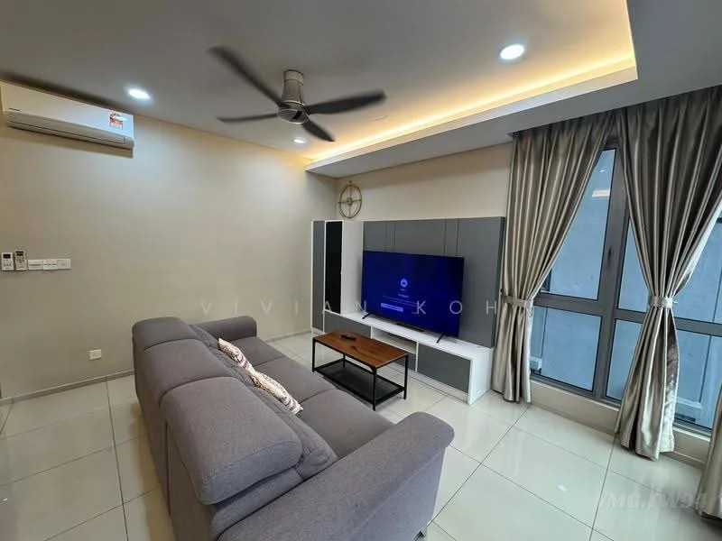 Living features: 3-seater fabric sofa in grey, coffee table with wooden top, wall-mounted TV, TV console, floor-to-ceiling windows, curtains in light fabric, recessed LED downlights, 1 wall-mounted split AC, glossy tile flooring, decorative wall clock, ceiling fan with light; style: modern.