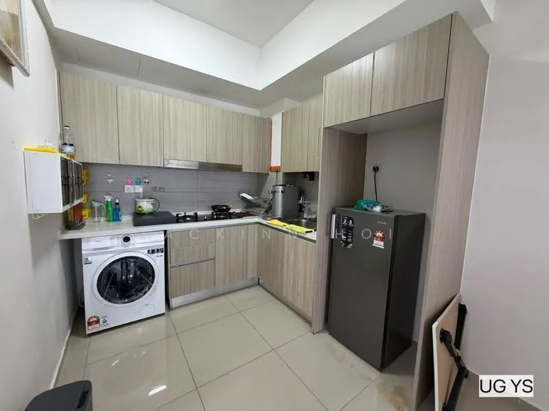 Kitchen features: light wood cabinetry, grey tiled backsplash, stainless-steel sink, chrome pull-down faucet, 4-burner gas hob, built-in oven, stainless-steel range hood, white washing machine, stainless-steel fridge, ceramic tile flooring, recessed downlights, countertop with integrated storage; style: modern.