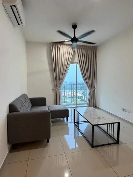 Living features: grey fabric 2-seater sofa, glass coffee table with black metal frame, floor-to-ceiling windows, sheer curtains, black ceiling fan with 3 blades, white painted walls, glossy ceramic tile flooring, air conditioning unit on wall; style: modern; view: city.
