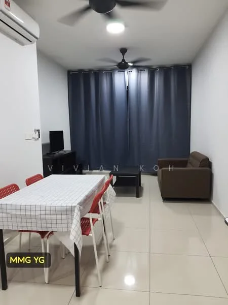 Living features: white painted walls, glossy tile flooring, 5-blade ceiling fan with light, recessed LED downlights, sofa in brown, black coffee table, dining table with checkered tablecloth, 6 red dining chairs, TV console, floor-to-ceiling curtains in dark blue; style: modern.