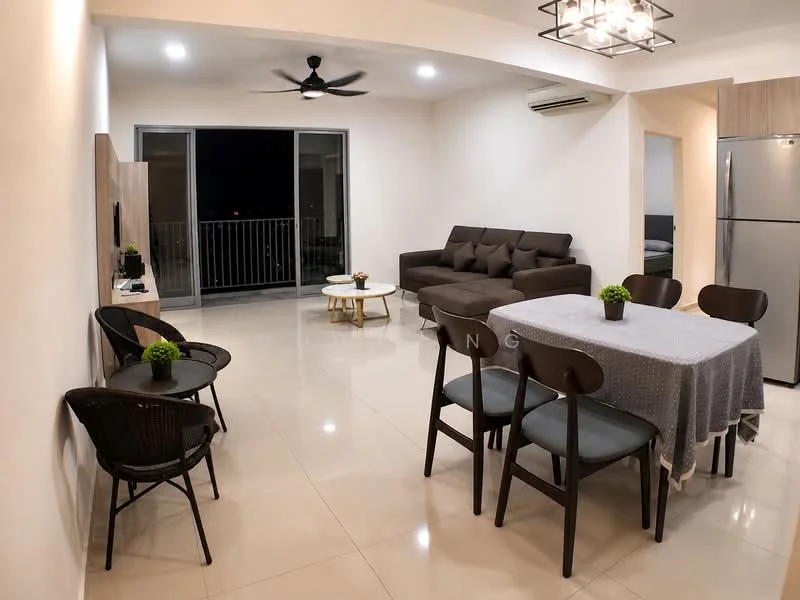 Living features: 3-seater fabric sofa in brown, coffee table with round top, 4-seater dining table with grey tablecloth, 6 dining chairs, wall-mounted TV, floor-to-ceiling windows, sliding glass door, ceiling fan with light, recessed downlights, cream painted walls, glossy tile flooring, air conditioning unit; style: modern; view: city.