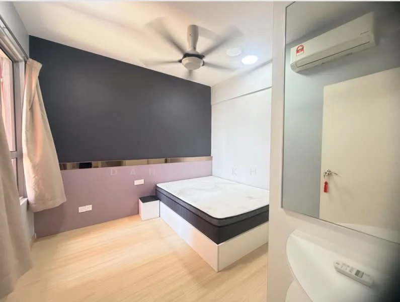 Bedroom features: queen-size bed, light wood flooring, grey accent wall, white painted walls, 5-blade ceiling fan, wall-mounted air conditioning unit, floor-to-ceiling window with sheer curtains, built-in wardrobe, mirror on wall, nightstand; style: modern.