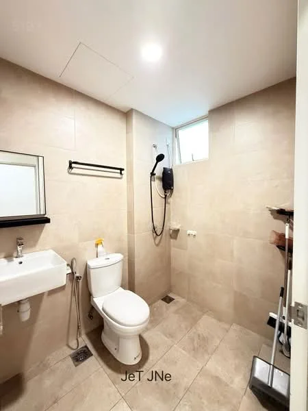 Bathroom features: cream tiled walls, cream tiled flooring, single-sink vanity with mirror, toilet, shower area with handheld shower, wall-mounted showerhead, towel rack, window for natural light, light fixture in ceiling; style: modern.